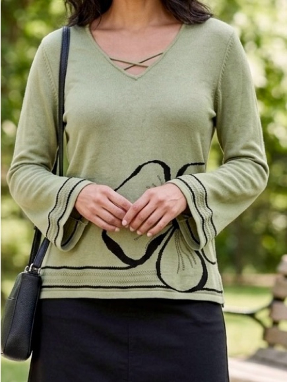 Women's Olive Green V-Neck Floral Trim Knit Sweater